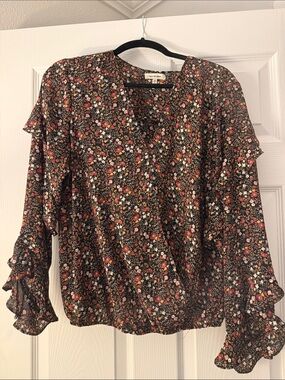 Max Studio Black Floral Ruffle V-Neck Blouse